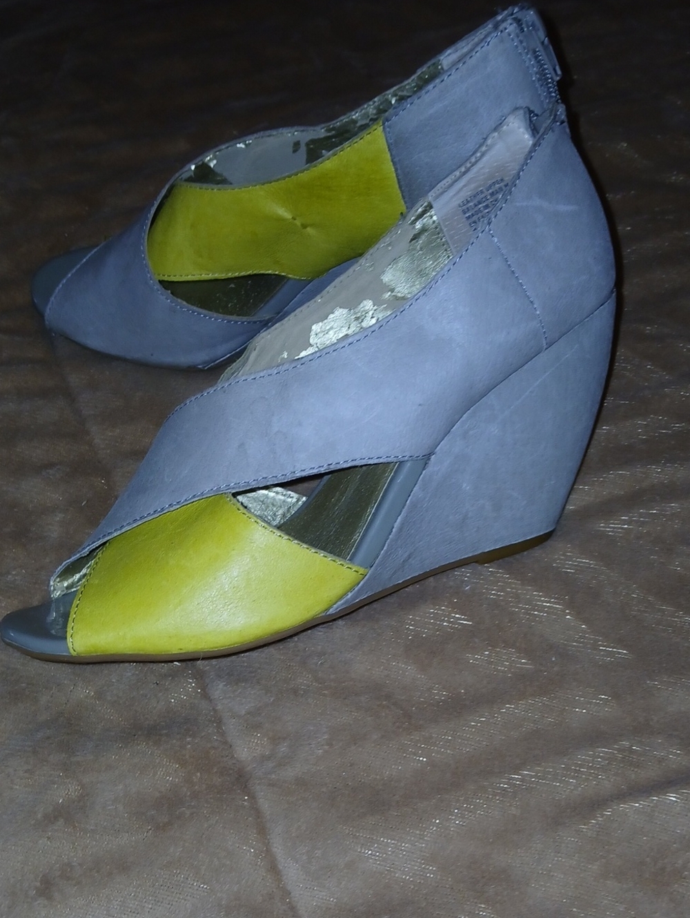 Womens Seychelles Gray & Yellow Leather Open-Toe Zip Heel Wedge Sandals Sz:11